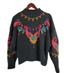 VTG Y2K Rebecca Stone Black Floral Pullover Sweater Sz L Fairy Grunge Outdoor